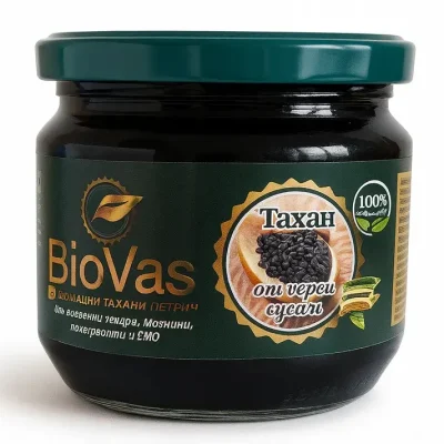 Натурален тахан от черен сусам BioVas, 100% чист продукт без добавена захар и мазнини.