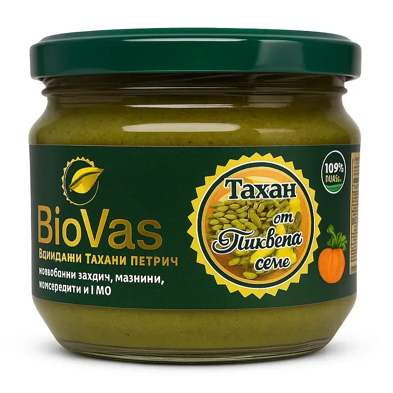 Тахан от тиквено семе BioVas Натурален тахан от тиквено семе BioVas, 100% чист продукт без добавки.