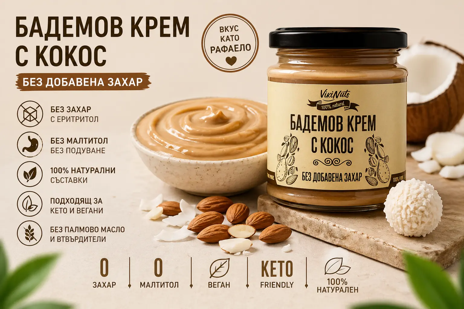 Копринено гладка текстура на бадемов крем с кокос Vikinuts