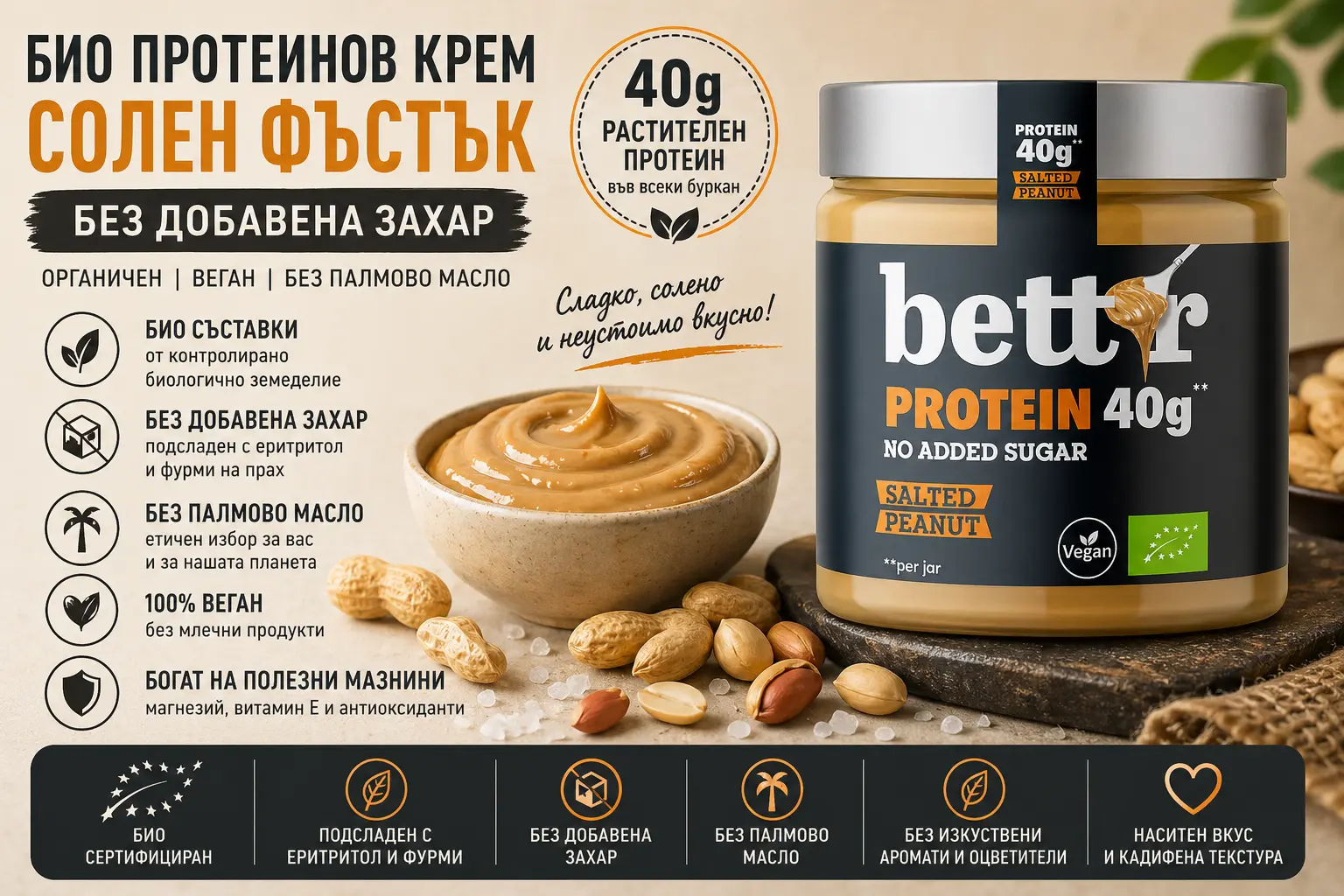 Био протеинов крем солен фъстък Bett'r текстура