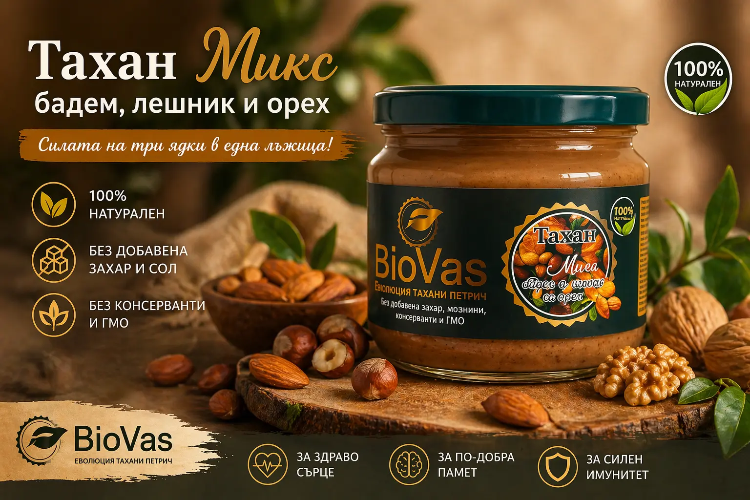 Тахан микс от бадем, лешник и орех BioVas